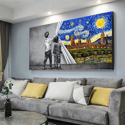 Graffiti Child Uncovered Vincent Van Gogh - Starry Night Oil Canvas Painting Wall Art Picture For Living Room Decor Cuad