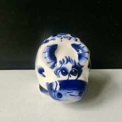 Russian Gzhel Porcelain Figurine Bull | Blue and White Folk Art from USSR Soviet Russia
