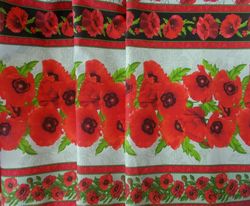 Folk art fabric by the yard - Wafer Cotton Russian folk fabric, red poppies fabric cotton by the yard,  floral fabric