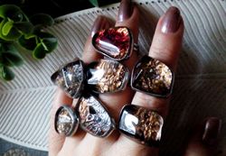 BIG Glass fused ring, Halloween ring, transparent ring, tin soldered ring, fusing ring, witchy