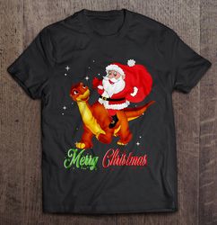 Merry Christmas Santa Claus Riding A Dinosaurs Tee Shirt