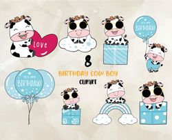 cute baby cow boy birthday clipart set, birthday svg, happy birthday png, t-shirt designs 09