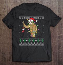 sloth santa hat christmas lights tshirt
