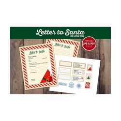 To Santa, Dear Santa Letter, DIY Santa Letter with elements for envelope, Marks, stamps, address labels, Two options - blank and template