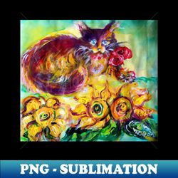 CAT WITH RED RIBBON AND SUNFLOWERS - PNG Transparent Sublimation File - Transform Your Sublimation Creations