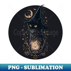 black cat wearing witch hat - halloween pumpkins candle and moon - high-resolution png sublimation file - bring your designs to life