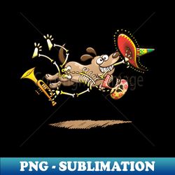 mischievous dog stealing a tasty mexican skeleton complete with big hat and trumpet - exclusive png sublimation download - stunning sublimation graphics