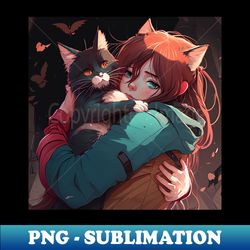 2d illustration of woman hugs her cat in anime style - Vintage Sublimation PNG Download - Boost Your Success with this Inspirational PNG Download