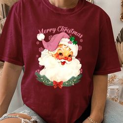 retro pink santa, pink santa hat, vintage santa shirt, classic christmas, holiday clo