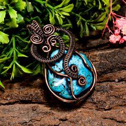 natural tibetan turquoise gemstone tumbled vintage handmade pure copper wire wrapped pendant 2" 22 gms kr0978