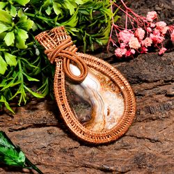 Natural Crazy Lace Agate Gemstone Pear Vintage Handmade Pure Copper Wire Wrapped Pendant 2.7" 29.8 gms KR0980