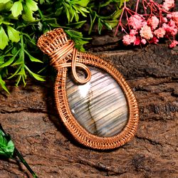 Natural Labradorite Gemstone Oval Vintage Handmade Pure Copper Wire Wrapped Pendant 2.6" 31.4 gms. KR09-81