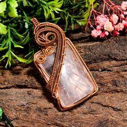 natural rose quartz gemstone radiant vintage handmade pure copper wire wrapped pendant 2.4" 25.3 gms kr0982