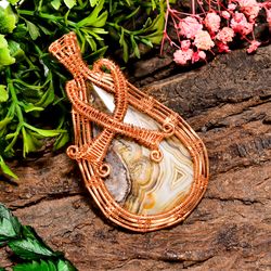 natural crazy lace agate gemstone pear vintage handmade pure copper wire wrapped pendant 2.7" 20.7 gms kr0984