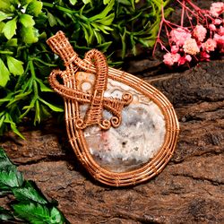 Natural Crazy Lace Agate Gemstone Pear Vintage Handmade Pure Copper Wire Wrapped Pendant 2.5" 25.9 gms. KR09-86