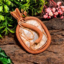 Natural Crazy Lace Agate Gemstone Radiant Vintage Handmade Pure Copper Wire Wrapped Pendant 2.7" 32 gms KR09-88