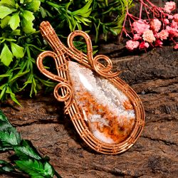 Natural Crazy Lace Agate Gemstone Pear Vintage Handmade Pure Copper Wire Wrapped Pendant 2.9" 23.2 gms KR09-90