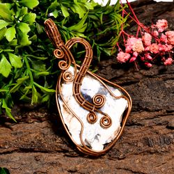 Natural Dendrite Opal Gemstone Vintage Handmade Jewelry Pure Copper Wire Wrapped Pendant 2.8" 18.6 gms KR09-94