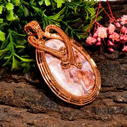 natural crazy lace agate gemstone oval vintage handmade pure copper wire wrapped pendant 2.5" 29 gms. kr09-96