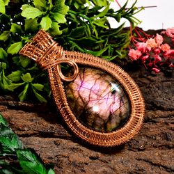 Natural Labradorite Gemstone Oval Vintage Handmade Pure Copper Wire Wrapped Pendant 2.6" 29.6 gms. KR10-4