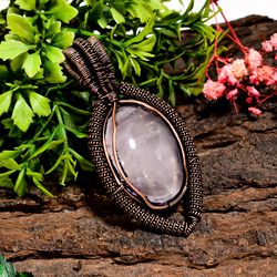 Natural Rose Quartz Gemstone Oval Vintage Handmade Pure Copper Wire Wrapped Pendant 2.6" 24.1 gms. KR10-10