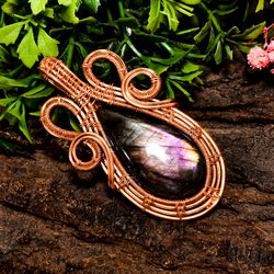 Natural Labradorite Gemstone Pear Vintage Handmade Pure Copper Wire Wrapped Pendant 2.4" 17.8 gms. KR10-16