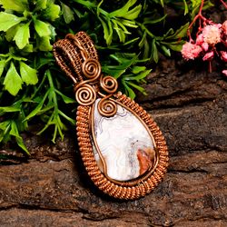Natural Crazy Lace Agate Pear Vintage Handmade Jewelry Pure Copper Wire Wrapped Pendant 2.3" 15.7 gms KR10-17