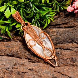 natural crazy lace agate gemstone oval vintage handmade pure copper wire wrapped pendant 2.6" 11.2 gms. kr10-18