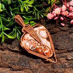 Natural Crazy Lace Agate Gemstone Pear Vintage Handmade Pure Copper Wire Wrapped Pendant 2.4" 15.6 gms KR10-19