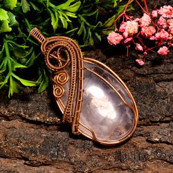 natural rose quartz gemstone oval vintage handmade pure copper wire wrapped pendant 2.6" 26.6 gms. kr10-21