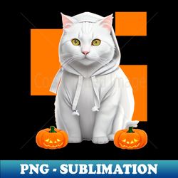 white hooded cat between two halloween pumpkins - Retro PNG Sublimation Digital Download - Stunning Sublimation Graphics