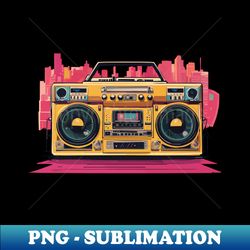 yellow ghettoblaster - retro boombox cassette player with cityscape background - png transparent sublimation file - perfect for personalization