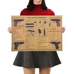 9 MM Pistol Weapon Design Figure Kraft Paper Bar Poster Retro Poster Living Room Stickers Decorative Painting 50.5x35cm
