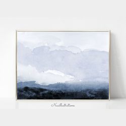 Abstract Blue Landscape Watercolor Printable Wall Art, Minimalist Navy Indigo Landscape Download Digital Print