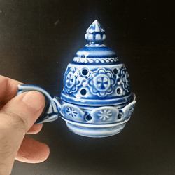 Ceramic Thurible Incense Burner With Handle And Top With Cross Blue Open Floral Greek Orthodox Liturgy undefined | Made In Russia