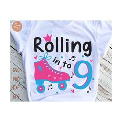Rolling Into 9 svg, Birthday Roller Skates svg, 9th Birthday svg, Roller Skating svg, Roller Girl svg, Retro Summer Kid Svg File