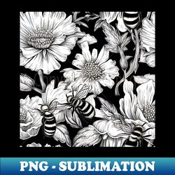Bees Amidst Flowers Pen And Ink Engraving - Instant Sublimation Digital Download - Stunning Sublimation Graphics