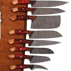 Handmade Chef Set of 8 Knives, Damascus Steel Chef Set of 8, Kitchen Knife Set of 8 Knives With Leather Case Included