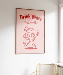 Drink Water Retro Print, Cute Trendy Poster, Retro Quote, Large Printable Art, Printable Art Retro, Red Pink Wall Art, I