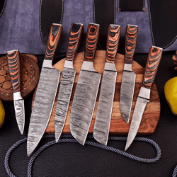 damascus knife set of 7 , hunting knife , hand forged knife with leather cover , am industry