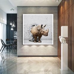 rhino canvas print art coming out of the wall, rhino canvas wall art, gray rhino canvas print art, animals ready to hang