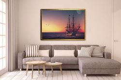 Ship at sunset canvas print art, pirate ship canvas wall decor, antique cruise ship canvas print art