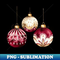Three Christmas Ornaments Hanging from Gold String in Maroon and Ivory - Retro PNG Sublimation Digital Download - Boost Your Success with this Inspirational PNG Download