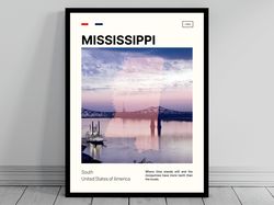 Cute Mississippi Mid-Century Modern Print  Mississippi Poster  Minimalist Map  Modern MS State Silhouette  Modern Travel