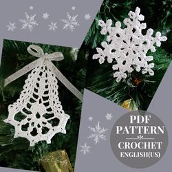 crochet christmas tree decoration pattern, crochet snowflakes tutorial, christmas bell pattern, digital pattern pdf.
