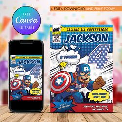 Captain America 4th Birthday Invitation, Captain America Four Birthday Invitation Canva Editable Instant Download