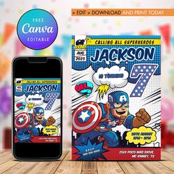 Captain America 7th Birthday Invitation, Captain America Seven Birthday Invitation Canva Editable Instant Download
