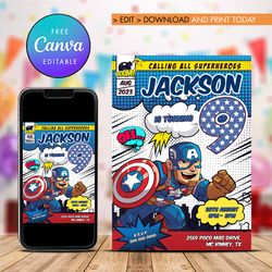 Captain America 9th Birthday Invitation, Captain America Nine Birthday Invitation Canva Editable Instant Download
