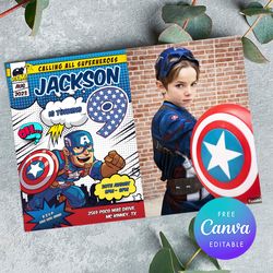 Captain America 9th Birthday Invitation with photo, Captain America Birthday Invitation Canva Editable Instant Download