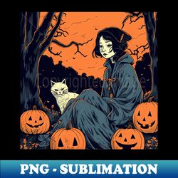 Halloween Sad Woman with Cat and coat - Signature Sublimation PNG File - Boost Your Success with this Inspirational PNG Download